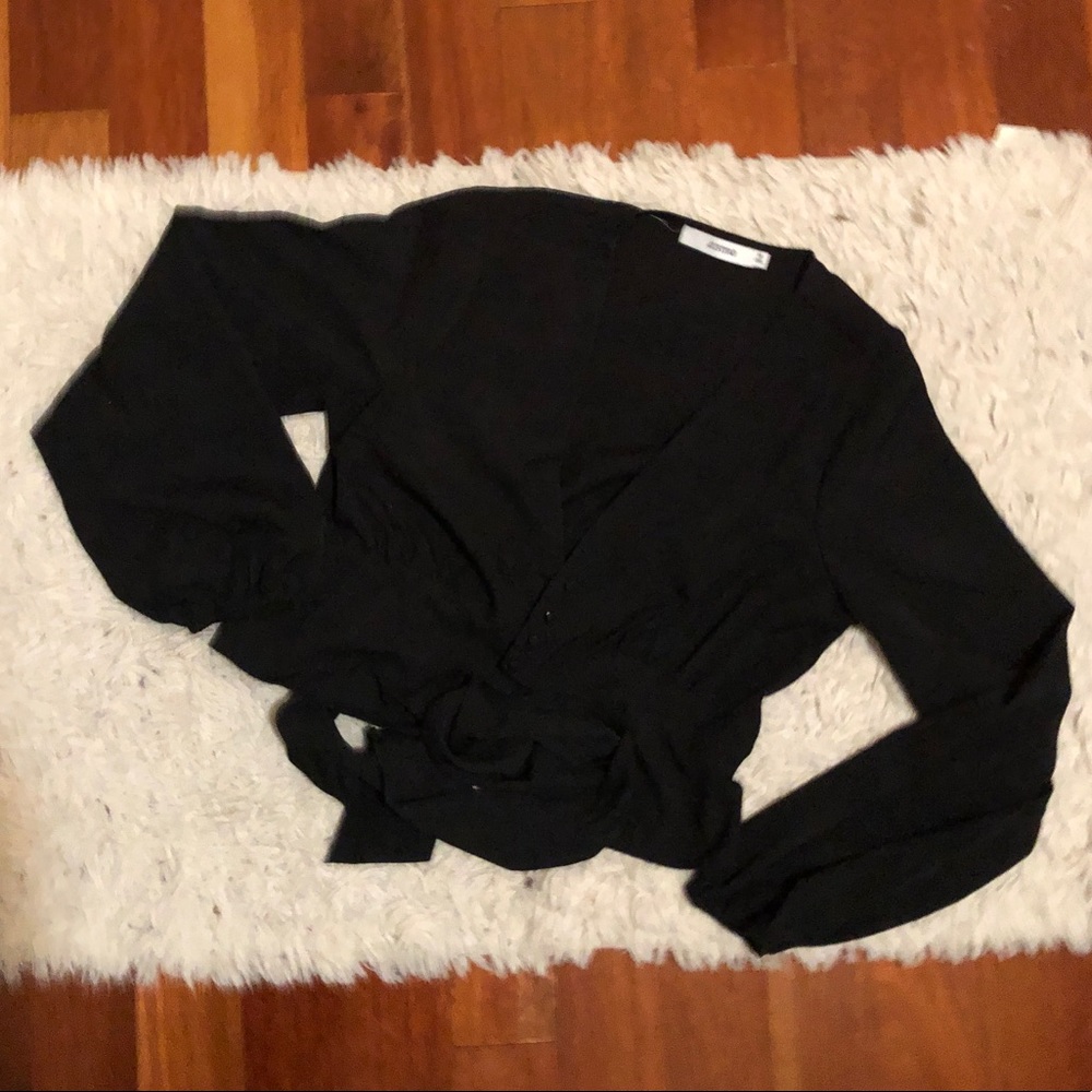 JUSTFAB: black front tie blouse